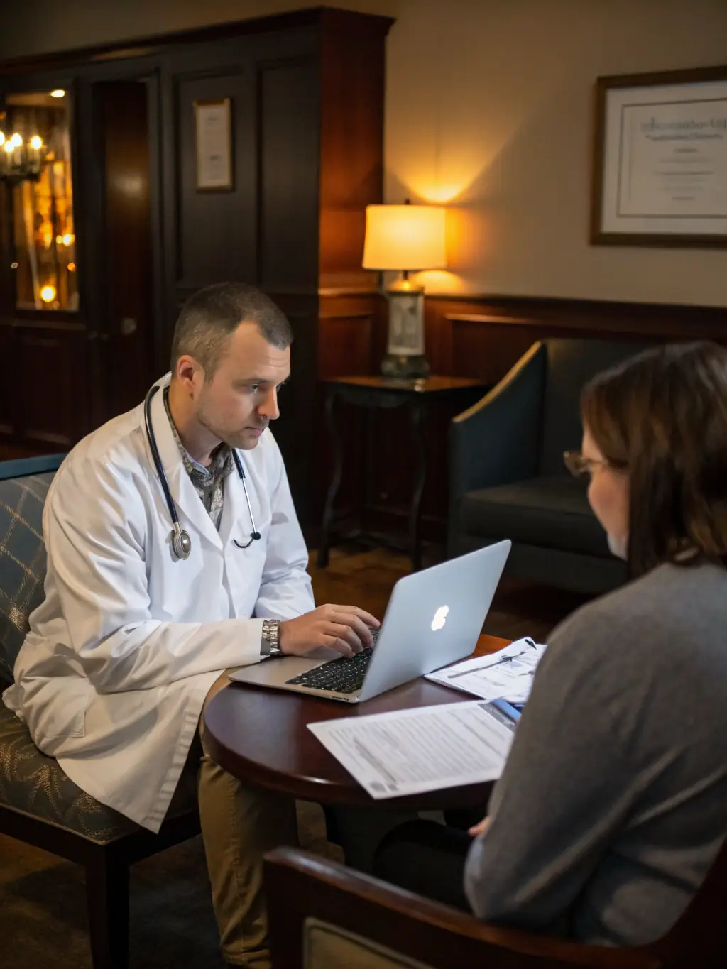 A doctor attentively listening to a patient and explaining a treatment plan in a private consultation room at VitaMed Milano.