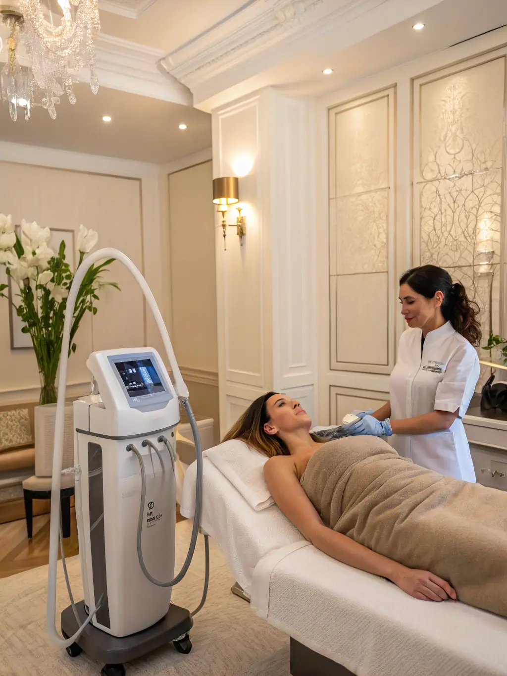 A professional showcasing a non-invasive body contouring procedure, emphasizing the clinic's modern aesthetic solutions.