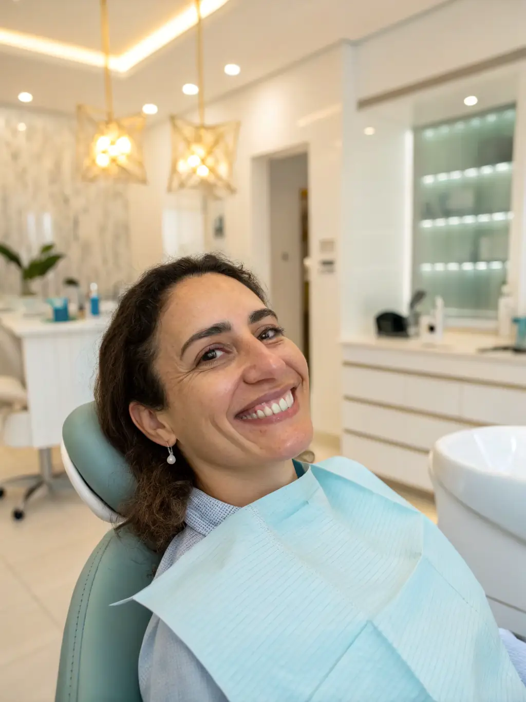 Happy patient testimonial video being recorded in a modern setting at VitaMed Milano.