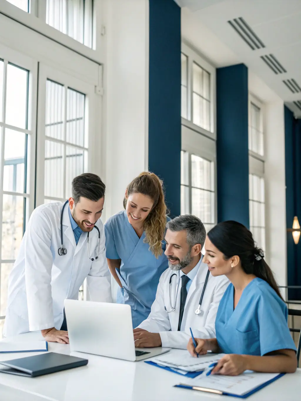 A diverse team of medical professionals in lab coats smiling and consulting over patient files in a brightly lit, modern office at VitaMed Milano.
